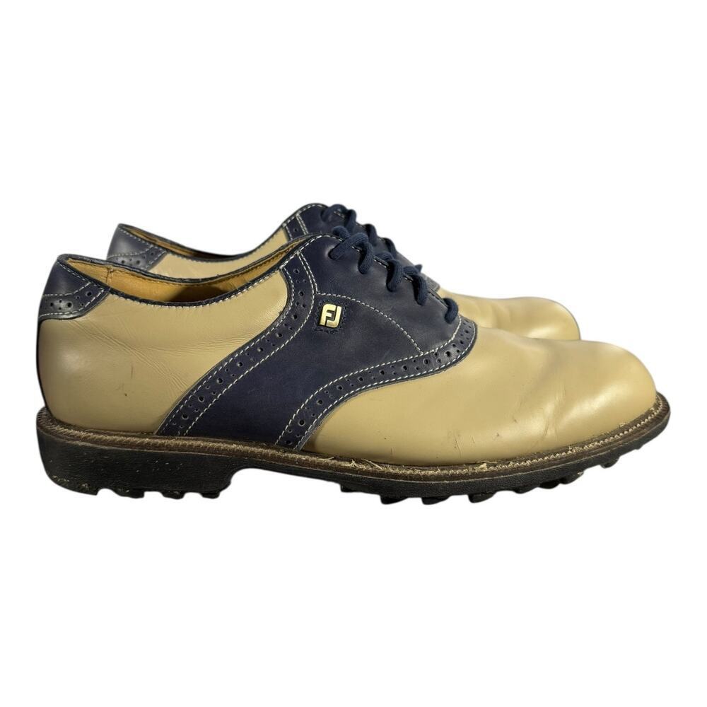 FootJoy Men’s DryJoy Golf Club Professional Shoes 9M Tan Navy Blue Cleats Sports
